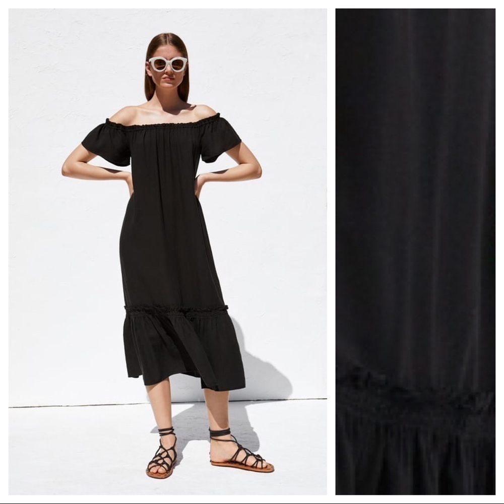 NWT. Zara Black Ruffled Rustic Midi Dress Size XS.